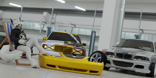 anthro beverage_can car fluffy fluffy_tail fur garage_(building) inside male sitting solo tail vehicle white_body white_fur z4rk0 aphex_twin bmw bmw_group bmw_m3_gtr delorean electronic_arts ford ford_mustang mercedes-benz mercedes-benz_group need_for_speed skulldog_(species) 3d_(artwork) absurd_res digital_media_(artwork) hi_res widescreen