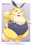 anthro bunny_costume clothing costume fake_ears fake_rabbit_ears female fur overweight paws slightly_chubby slightly_chubby_female solo yellow_body yellow_fur gomuhimo nawa capcom monster_hunter monster_hunter_stories number_3 felid feline mammal hi_res