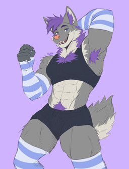 abs anthro armpit_hair body_hair clothed clothing front_view fur grey_body grey_fur hair male male_anthro muscular muscular_anthro muscular_male pubes purple_hair short_hair solo standing saronarts canid canine mammal absurd_res hi_res portrait three-quarter_portrait