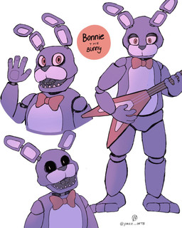 anthro black_sclera bow_tie electric_guitar fingers gesture guitar half-closed_eyes machine male musical_instrument narrowed_eyes open_mouth plucked_string_instrument purple_body sharp_teeth solo string_instrument teeth text waving white_eyes pazzarts five_nights_at_freddy's scottgames bonnie_(fnaf) animatronic lagomorph leporid mammal rabbit robot 4:5 english_text hi_res signature