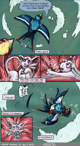 avian_feet beak blue_body bodily_fluids clothing crop_(anatomy) feathered_crest feathered_wings feathers feet female female_pred feral feral_pred feral_prey flight_attendant_uniform hat head_crest headgear headwear internal larger_pred male male_prey markings red_markings saliva size_difference tail tail_feathers talons text toes vore white_body white_markings wings yellow_eyes conditional_dnp foxyoreos gyrotech nintendo pokemon mistral_(gyro) avian bird eeveelution espeon generation_2_pokemon generation_3_pokemon generation_6_pokemon mega_evolution mega_pidgeot pokemon_(species) swellow absurd_res comic english_text hi_res