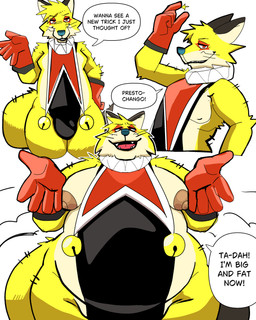 anthro bell belly blush bulge clothing clown clown_makeup fupa fur leotard magic magician makeup male moobs nipples overweight smile smirk solo text weight_gain yellow_body yellow_fur coolietf canid canine fox mammal 4:5 english_text hi_res