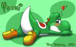 blue_eyes blush clothing featureless_crotch footwear heart_symbol looking_at_viewer looking_back male raised_tail simple_background solo tail tail_motion tailbutt tailwag thick_tail flamewolf22 mario_bros nintendo green_yoshi yoshi 2015