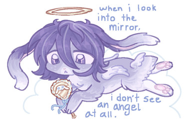 ambiguous_gender anatomically_inaccurate anatomically_inaccurate_pawpads feathered_wings feathers feral feralized fur hair halo pawpads paws ribbons solo text toony wings saccharimet clinical_trial angel_martinez angel lagomorph leporid mammal rabbit digital_media_(artwork) english_text nonbinary_(lore)