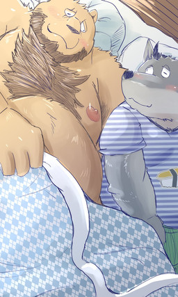 anthro bed bedding blanket blush brown_body clothing duo furniture grey_body kemono male male/male moobs nipples overweight overweight_male pillow shirt topwear dain_4201 bear canid canine canis domestic_dog mammal 2024 3:5 hi_res