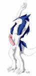 anthro blue_body blue_fur claws erection fur genitals looking_at_viewer male nude penis simple_background smile solo tail white_background white_body white_fur waismuth dorota_gierymska sergal 2016 hi_res