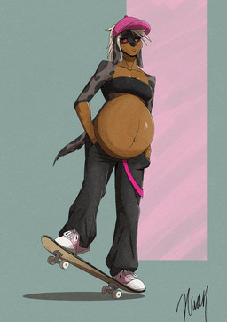 anthro belly black_bottomwear black_clothing black_nose black_topwear blonde_hair bottomwear brown_body brown_fur clothing digitigrade female footwear fur glistening glistening_belly grey_body grey_fur grey_spots hair hands_in_both_pockets hat headgear headwear looking_at_viewer markings navel outie_navel pink_clothing pink_footwear pink_hat pink_headwear pink_shoes pink_sneakers pregnant pregnant_anthro pregnant_female red_sclera shoes skateboard sneakers solo spots spotted_body spotted_fur topwear vehicle white_eyes huandoodles mythology pepper_(dansharkman) canid canid_demon canine canis dachshund demon domestic_dog hellhound hunting_dog hybrid mammal mythological_canine mythological_creature