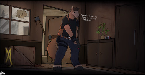 ammunition anthro axe belt black_clothing black_shirt black_topwear blood bodily_fluids broken_glass carpet clothing door drawer glass gun handgun herbs inside laser_pointer male open_door piercing pistol plant pockets ranged_weapon shirt solo text topwear tree weapon almy capcom resident_evil brick_heartstone equid equine mammal absurd_res hi_res