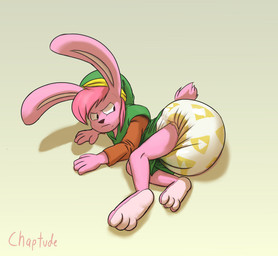 anthro big_diaper clean_diaper clothed clothing diaper diaper_fetish fur grumpy hat headgear headwear lying male pink_body pink_fur shirt simple_background solo topwear tunic wearing_diaper chaptude nintendo the_legend_of_zelda link_(rabbit_form) 2021 absurd_res hi_res