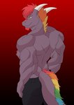 abs anthro biceps big_muscles bottomwear clothed clothing denim denim_bottomwear denim_clothing flexing hair jeans male model muscular muscular_anthro muscular_male pants pecs pose rear_view simple_background solo standing tail topless dragonjourney mythology loki_rel_zephyr demon dragon mythological_creature mythological_scalie scalie absurd_res digital_media_(artwork) hi_res