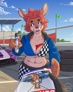 5_fingers anthro blue_eyes brown_body brown_fur brown_nose cabinet car clothed clothing female fingers first_person_view fur hair looking_at_viewer magazine marker motor_vehicle navel pouch_(anatomy) racing_suit red_hair small_waist smile solo thick_thighs vehicle jayheartwing chicane_(gameroo) kangaroo macropod mammal marsupial 4:5 absurd_res e621_post_recursion hi_res