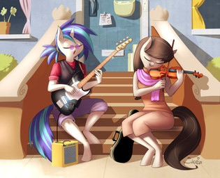 amplifier anthro anthrofied bass_guitar black_hair blue_hair bow_(stringed_instrument) bowed_string_instrument case clothing door duo eyes_closed eyewear female glasses guitar hair holding_object horn multicolored_hair musical_instrument note paper playing_guitar playing_music playing_violin plucked_string_instrument ponytail scarf sitting stairs string_instrument two_tone_hair violin wick_(artist) friendship_is_magic hasbro my_little_pony mythology octavia_(mlp) vinyl_scratch_(mlp) earth_pony equid equine horse mammal mythological_creature mythological_equine pony unicorn 2013 digital_media_(artwork) shaded
