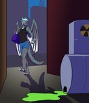 alley anthro bottle bottomwear chemicals city city_background claws clock-face clothing container dragon growth hi_res male mythological_creature mythological_scalie mythology nuclear razinox scalie shirt shorts solo tail tank_top topwear waste water_bottle wings