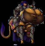 angry anthro armor big_breasts biped blue_hair blue_markings blue_nails blue_toenails blush breast_expansion breasts butt butt_expansion camel_toe clothing colored_nails expansion feet female hair holding_object holding_potion huge_breasts legwear markings nails potion red_nails simple_background solo thick_thighs thigh_expansion toenails toes topwear torn_clothing torn_legwear torn_topwear transparent_background unconvincing_armor yellow_eyes oblivionrising shareena_(darkwolfpack) felid lion mammal pantherine 2021 alpha_channel full-length_portrait hi_res portrait