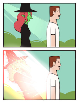 2_panel_comic 5_fingers black_clothing black_hat black_headwear brown_facial_hair brown_hair brown_mustache clothed clothed_female clothed_male clothing duo eyebrows facial_hair female fingers green_body hair hat headgear headwear humanoid_hands humor male mouth_closed mustache open_mouth outside surprised teeth topwear white_clothing white_topwear bonnymama7 elphaba_(bonnymama7) human humanoid mammal 2025 absurd_res comic digital_media_(artwork) hi_res