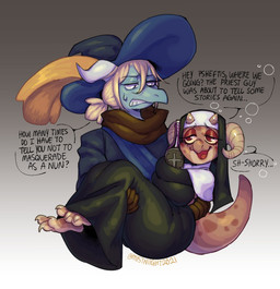 4_horns anthro barefoot beads big_butt blonde_hair blue_body blue_scales bodily_fluids bottle bridal_carry brown_body brown_scales butt carrying_another claws clenched_teeth clothed clothing container dialogue drunk duo feet female front_view fully_clothed habit hair half-closed_eyes hat headgear headwear holding_bottle holding_container holding_object horn hug hugging_object humor looking_at_another male multi_horn narrowed_eyes nun open_mouth open_smile pale_body pale_scales prayer_beads red_eyes rosary sash scales shortstack shortstack_female side_view simple_background slurred_speech smile speech_bubble stuttering substance_intoxication sweat tail teeth text thick_tail thick_thighs tight_clothing topwear wide_hips yellow_sclera miistniight mythology piko_(simplifypm) pseftis_savra dragon kobold mythological_creature mythological_scalie reptile scalie 2021 digital_media_(artwork) english_text hi_res signature