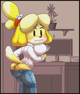 anthro big_breasts big_butt black_eyes blonde_hair blush bottomwear breasts butt butt_cleavage clipboard clothing collared_shirt denim denim_bottomwear denim_clothing desk dipstick_tail dress_shirt electronics female furniture hair holding_clipboard holding_object huge_breasts jeans looking_back markings monitor pants plant shirt solo table tail tail_markings topwear yellow_body sixsidesofmyhead animal_crossing nintendo isabelle_(animal_crossing) canid canine canis domestic_dog mammal shih_tzu toy_dog absurd_res hi_res