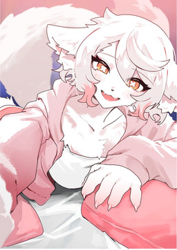 5_fingers anthro blush breasts claws cute_fangs fangs female female_anthro finger_claws fingers fur hair kemono looking_at_viewer open_mouth pillow solo tail teeth tongue kikury domestic_cat felid feline felis mammal 2025 digital_media_(artwork)