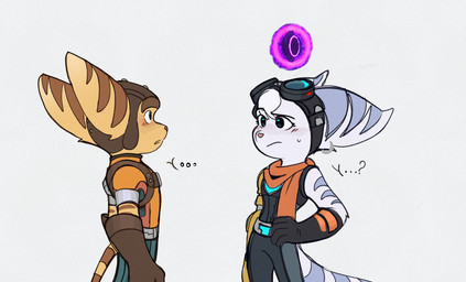 anthro blush button_prompt circle_button clothing cybernetic_arm cybernetic_limb duo ear_piercing ear_ring ellipsis eyewear eyewear_on_head female fur gloves goggles goggles_on_head hair handwear male male/female markings piercing question_mark ring_(marking) ring_piercing ringed_tail striped_markings striped_tail stripes tail tail_markings thin_tail white_body white_fur white_hair yellow_body yellow_fur time_fluffy500 circle_prompt_(god_of_war) god_of_war playstation ratchet_and_clank sony_corporation sony_interactive_entertainment ratchet_(ratchet_and_clank) rivet_(ratchet_and_clank) lombax mammal comic hi_res