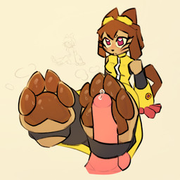 4_toes anthro armor balls barefoot bodily_fluids brown_pawpads clothing duo erection feet female foot_fetish foot_play footjob gauntlets gem genital_fluids genitals gloves handwear humanoid_genitalia humanoid_penis male male/female pawpads paws penile penis precum sex soles solo_focus stirrup_footjob stirrup_legwear sweat sweaty_feet tail toes yellow_clothing clusterful gameoverse glitch_productions kit_bodega domestic_cat felid feline felis mammal 1:1 absurd_res hi_res