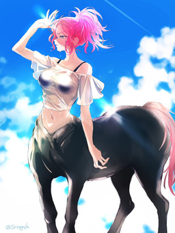 black_bra black_clothing black_underwear bodily_fluids bra breasts clothed clothed_female clothed_taur clothing female hair heat_(temperature) light_body light_skin midriff navel pink_hair shirt solo sweat topwear translucent translucent_clothing translucent_shirt translucent_topwear underwear shirayujk european_mythology greek_mythology mythology centaur equid equid_taur humanoid_taur mammal mammal_taur taur 2025 3:4 hi_res portrait three-quarter_portrait