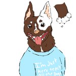 ambiguous_gender blue_clothing clothing heart_(marking) markings paws shirt simple_background solo text text_on_clothing tongue tongue_out topwear white_background i11ogica1 meme_clothing canid canine canis domestic_dog mammal 1:1 english_text meme