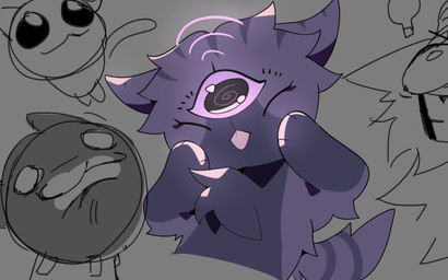 3_eyes ambiguous_anthro ambiguous_gender anthro black_eyes blep chest_tuft eyes_closed front_view fur grey_background head_tuft looking_at_viewer multi_eye paws purple_body purple_ears purple_fur purple_sclera purple_stripes simple_background solo spiral_pupils striped_body striped_fur stripes tongue tongue_out tuft valkenite mewgenics alice_(mewgenics) domestic_cat felid feline felis mammal 2026 colored digital_media_(artwork) half-length_portrait hi_res multiple_images portrait sketch_page