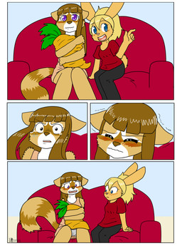 anthro blonde_hair blue_eyes blush bodily_fluids brown_hair brown_nose buckteeth clothed clothing dress duo fear_peeing fear_wetting female furniture genital_fluids hair panties pillow pink_nose purple_eyes scared sofa tears teeth underwear upskirt urine wetting wetting_bottomwear fiona_(artist) sarah_(fiona) saskia_(fiona) lagomorph leporid mammal procyonid rabbit raccoon 2014 2015 absurd_res comic hi_res