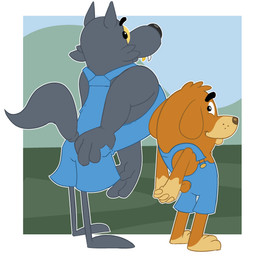 anthro blue_clothing blue_overalls brown_body clothed clothing duo golden_fangs grey_body hands_behind_back looking_at_viewer looking_back male male/male overalls size_difference standing tail yellow_eyes bob-jiggles get_my_goat pipsqueak_animation dutch_(get_my_goat) gold_fang_(get_my_goat) canid canine canis domestic_dog mammal wolf 2026 absurd_res hi_res