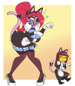accessory ankle_strap_heels anthro big_breasts blue_body blue_skin blush bow_ribbon breasts brown_hair clothing duo embarrassed eye_patch eyewear fake_cat_ears fake_ears fake_tail female footwear garter_belt garter_straps hair headband high_heels maid_uniform platform_footwear platform_heels ponytail pumps red_hair sharp_teeth shoes smile teeth uniform yellow_sclera nelljoestar undertale undertale_(series) frisk_(undertale) undyne fish human mammal marine absurd_res hi_res