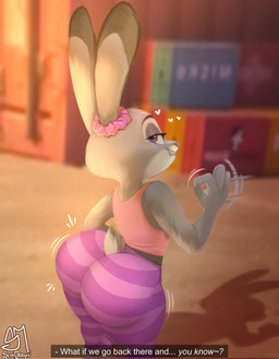 anthro big_butt bite biting_lip biting_own_lip blurred_background blush butt butt_jiggle clothing dialogue dialogue_box faceless_character faceless_male fellatio_gesture female flirting flirting_with_viewer fur gesture grey_body grey_fur hand_gesture handjob_gesture heart_symbol inviting_to_sex jiggling legwear looking_at_viewer looking_back looking_back_at_viewer male motion_lines motion_outline multicolored_body multicolored_fur offering_sex purple_eyes requesting scrunchie scut_tail self_bite sex sex_gesture sex_request shadow shaking_butt shipping_container short_tail solo suggestive suggestive_gesture suggestive_look tail teasing teasing_viewer text thick_thighs three-quarter_view wide_hips semidraws disney zootopia judy_hopps nick_wilde european_rabbit lagomorph leporid mammal oryctolagus rabbit 2026 english_text hi_res signature