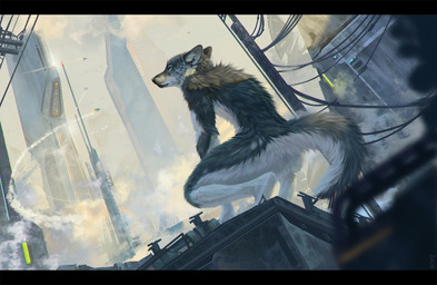 anthro atmospheric city cyberpunk digitalpainting dystopian futuristic male neon rooftop solo conditional_dnp royz sci canid canine canis mammal wolf furry invalid_tag concept_art digital_media_(artwork) hi_res