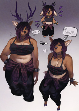 5_fingers :< alternative_fashion angry anthro antlers asking_viewer bare_shoulders belly big_breasts black_bottomwear black_bra black_choker black_clothing black_crop_top black_jewelry black_necklace black_pants black_shirt black_topwear black_underwear bottomwear bra bracelet breasts breath brown_body brown_fur chibi chin_piercing choker cleavage clothed clothing clothing_around_waist countershade_belly countershade_breasts countershade_torso countershading crop_top dialogue dreadlocks emanata female female_anthro fingers fur gradient_background gradient_hair grey_background hair hair_over_eye hand_on_hip hands_on_ground hooves horn humanoid_hands jewelry looking_at_viewer medium_hair midriff mole_under_eye motion_lines narrowed_eyes navel necklace notched_ear overweight overweight_anthro overweight_female pants pointy_ears pose purple_antlers purple_hair shirt side_boob simple_background sitting solo spiked_bracelet spikes standing tan_belly tan_breasts text topwear underwear wolfertinger shiloh_the_deer_(wolfertinger) deer mammal 2025 english_text hi_res pinup portrait shaded soft_shading three-quarter_portrait trans_(lore) trans_man_(lore)