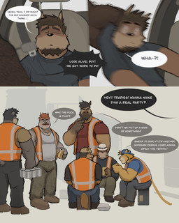 age_difference alcohol anthro backwards_baseball_cap backwards_hat barazoku baseball_cap beard beer beverage big_muscles bottomwear car cigarette clothed clothing clothing_pull construction_worker dialogue drunk eating eyebrows facial_hair food footwear fur group hair hat headgear headwear holding_object huge_muscles kemono male motion_blur muscular muscular_anthro muscular_male mustache narrowed_eyes offscreen_character one_eye_closed pants profanity rude_awakening shirt shirt_grab shirt_pull shoes sitting size_difference sleeping standing substance_intoxication text topwear topwear_pull tuft unprofessional_behavior vehicle vest waking_up kenkudog fred_(kenkudog) ken_(kenkudog) ambiguous_species canid canine canis domestic_dog equid equine felid horse mammal pantherine tiger 2026 comic english_text hi_res multiple_scenes father_(lore) father_and_child_(lore) father_and_son_(lore) parent_(lore) parent_and_child_(lore) parent_and_son_(lore) son_(lore)