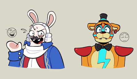 anthro black_bow_tie black_eyebrows black_nose black_top_hat blue_clothing blue_eyes blue_line_art blue_markings blue_suit bodily_fluids bow_tie buckteeth closed_frown clothed clothed_anthro clothed_male clothing curly_hair duo ear_piercing ear_ring expressions eyebrows fangs frown frowning_at_viewer fur grey_hair hair hand_pawpads light long_ears looking_at_viewer machine male markings mitten_hands mouth_closed multicolored_body nervous nervous_smile nervous_sweat no_pupils noseless open_mouth open_smile open_suit orange_body pawpads piercing red_clothing red_tongue red_topwear red_vest ring_piercing sad short_hair shoulder_pads simple_background smile smiling_at_viewer suit sweat tan_inner_ear tan_pawpads teeth tongue topwear vest white_body white_cravat white_fur queenly-owl five_nights_at_freddy's five_nights_at_freddy's:_security_breach mario_bros mario_plus_rabbids_kingdom_battle nintendo raving_rabbids rayman_(series) scottgames steel_wool_studios ubisoft glamrock_freddy phantom_of_the_bwahpera animatronic bear ghost hybrid lagomorph mammal rabbid robot spirit 2024 colored colored_line_art crossover digital_drawing_(artwork) digital_media_(artwork) english_description hi_res lighting