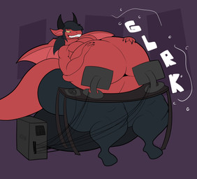 after_vore anthro anthro_pred belly big_belly big_butt butt cable claws clothed clothing computer computer_mouse digestion electronics hair hand_on_belly hand_on_own_belly horn huge_belly legwear long_hair male male_anthro male_pred navel oral_vore pointy_ears rumbling_stomach sharp_teeth simple_background sitting smile solo tail teeth thick_tail thick_thighs topless topless_anthro topless_male vore wings kanida mythology ida_(kanida) dragon mythological_creature mythological_scalie scalie absurd_res digital_drawing_(artwork) digital_media_(artwork) hi_res