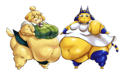 anthro bangs belly belly_to_belly bent_arm big_belly big_breasts big_butt black_bottomwear black_clothing black_eyes black_nose black_skirt blonde_hair blue_body blue_eyes blue_fur blue_tail bottomwear bow_tie breast_squish breasts butt chubby_cheeks closed_frown clothed clothed_anthro clothed_female clothing double_chin dress duo eyelashes fat_arms fat_legs featureless_feet featureless_hands feet female female_anthro flabby_arms floppy_ears frown frowning_at_viewer fully_clothed fully_clothed_anthro fully_clothed_female fur green_clothing green_topwear green_vest hair hand_on_own_breast huge_belly huge_breasts huge_thighs lidded_eyes light looking_at_viewer lop_ears medium_breasts medium_hair midriff morbidly_obese morbidly_obese_anthro morbidly_obese_female mouth_closed multicolored_body multicolored_fur multicolored_hair navel neckwear no_eyebrows noseless obese obese_anthro obese_female one_eye_closed open_mouth open_smile orange_ears overweight overweight_anthro overweight_female pattern_clothing pattern_topwear pattern_vest plaid plaid_clothing plaid_topwear plaid_vest ponytail pupils red_bow_tie shirt short_dress simple_background skirt smile squish stripes tail thick_thighs topwear two_tone_body two_tone_fur two_tone_hair two_tone_tail vest white_background white_clothing white_dress white_pupils white_shirt white_topwear yellow_body yellow_fur yellow_inner_ear yellow_stripes yellow_tail comedii animal_crossing nintendo ankha_(animal_crossing) isabelle_(animal_crossing) canid canine canis domestic_dog mammal shih_tzu toy_dog 2024 absurd_res colored digital_drawing_(artwork) digital_media_(artwork) english_description hi_res lighting shaded
