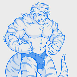 abs animal_genitalia anthro arm_tuft balls biceps clothed clothing deltoids ear_piercing ear_stud elbow_tuft fist flexing forearm_muscles genitals hair inner_ear_fluff male male_anthro mostly_nude_male muscular muscular_male navel otter_tail pecs piercing quads sheath short_hair solo tight_clothing tight_underwear torn_clothing torn_underwear triceps tuft underwear underwear_only d3mo demo_(d3mo) felid mammal pantherine tiger werecreature 1:1 2025 cel_shading hi_res monochrome shaded signature