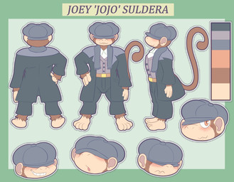 anthro barefoot belt black_clothing black_coat black_topwear blush brown_body brown_eyes brown_hair clothing coat costume feet frown green_background grey_scarf hair hand_on_hip hat headgear headwear looking_at_viewer male multicolored_body one_eye_obstructed pose raised_tail round_ears scarf simple_background smile smirk solo standing tail toes topwear two_tone_body alepawski joey_(impulse8) haplorhine mammal monkey primate 2022 absurd_res hi_res model_sheet