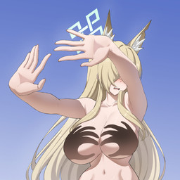 big_breasts blonde_hair blush breasts collarbone female glistening glistening_breasts hair halo inner_ear_fluff long_hair navel nude open_mouth sharp_teeth solo teeth tuft mzrz blue_archive nexon shadow_hands_challenge kanna_(blue_archive) animal_humanoid canid canid_humanoid canine canine_humanoid humanoid mammal mammal_humanoid 1:1 2026 hi_res