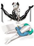 anthro backbend bodysuit bulge clothing contortionism flexible latex male skinsuit slim spandex splits spread_legs spreading straining tight_clothing cxcxxcxxxx canid canine canis dalmatian domestic_dog mammal absurd_res hi_res