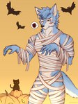 5_fingers anthro bandage blue_body blue_fur clothing costume fingers fur halloween_costume holidays male multicolored_body multicolored_fur mummy_costume mummy_wrappings muscular muscular_male red_eyes simple_background solo two_tone_body two_tone_fur tsundora13 tsundora4 halloween canid canine mammal 3:4 absurd_res hi_res