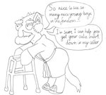bathrobe bottomwear clothed clothing dialogue duo elderly elderly_male eyebrows feral footwear fur hair humanoid_face male ponification robe shoes simple_background smile solo tail thick_eyebrows walker wrinkles tracker-fox family_guy hasbro my_little_pony herbert_the_pervert equid equine horse mammal 2013 digital_media_(artwork) hi_res