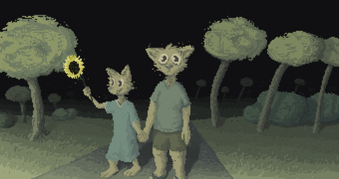 anthro blue_clothing blue_dress blue_shirt blue_t-shirt blue_topwear clothing detailed_background dress duo female flower fur grass hand_holding holding_flower holding_object male plant shirt t-shirt topwear tree yellow_body yellow_fur young demensa canid canine mammal 2022 digital_media_(artwork) hi_res pixel_(artwork)