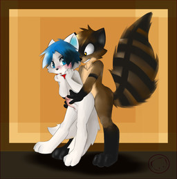 2013 balls birthday blue_eyes blue_hair blush brown_fur canine cub duo fox fur gay gift hair happy harumi male mammal nude open_mouth penis raccoon surprise white_fur yellow_eyes young
Rating: Explicit
Score: 10
User: Harumi
Date: September 05, 2013