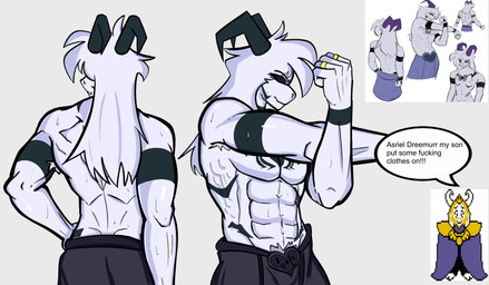 2_horns abs anthro back_muscles black_markings clothed clothing dialogue fur hair hand_on_hip horn long_hair male markings muscular muscular_anthro muscular_male pecs profanity rear_view solo speech_bubble stretching text topless topless_anthro topless_male white_body white_fur white_hair sam_skell loss undertale undertale_(series) asgore_dreemurr asriel_dreemurr_(god_form) boss_monster_(undertale) bovid caprine goat mammal 2026 digital_drawing_(artwork) digital_media_(artwork) english_description english_text half-length_portrait hi_res meme portrait