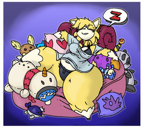 anthro bed belly biped black_bra black_clothing black_panties black_underwear blonde_hair border bottom_heavy bra breasts camel_toe clothing eyes_closed feet female female_anthro fur fur_tuft furniture gloves_(marking) hair heart_print hooves huge_hips huge_thighs leg_markings markings medium_breasts navel nipple_outline on_bed oversized_clothing oversized_shirt oversized_topwear overweight overweight_anthro overweight_female panties plushie shirt sleeping small_feet snowman socks_(marking) solo sound_effects speech_bubble thick_thighs topwear tuft underwear unguligrade vowelless vowelless_sound_effect white_border wide_hipped_anthro wide_hipped_female wide_hips yellow_body yellow_fur yellow_tuft zzz blayaden capcom mega_man_(series) nintendo pokemon mega_man_(character) sam_(blayaden) alolan_form alolan_raichu ampharos bear catrobis felid feline generation_2_pokemon generation_7_pokemon giant_panda inanimate_object mammal pokemon_(species) regional_form_(pokemon)