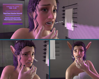 anthro black_nails buckteeth colored_nails demi_transformation female hair lipstick long_ears looking_at_self makeup mirror mirror_reflection nails purple_hair reflection solo sound_effect_print teeth text tongue transformation nsabram human lagomorph leporid mammal rabbit 3d_(artwork) 5:4 comic digital_media_(artwork) english_text hi_res