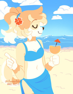 accessory anthro beach bikini bikini_bralette bikini_skirt bottomwear breasts cleavage clothed clothing container cup drinking_glass female flower flower_in_hair flower_on_head glass glass_container glass_cup hair hair_accessory long_hair navel outside plant ponytail sand seaside skirt solo swimwear text two-piece_swimsuit wine_glass anxiousbeba bluey_(series) ludo_studio frisky_(bluey) bird_dog canid canine canis cocker_spaniel domestic_dog hunting_dog mammal spaniel artist_name digital_media_(artwork) english_text hi_res