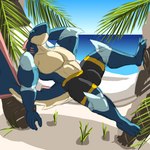 anthro beach blue_body bottomwear bulge clothing day fin gills grass hammock head_fin inviting looking_at_viewer lying male muscular muscular_anthro muscular_male on_back palm_tree pants plant presenting sand sea seaside solo supporting_head tree water ivolein ivo_uwu fish great_white_shark mackerel_shark marine shark white_shark 1:1